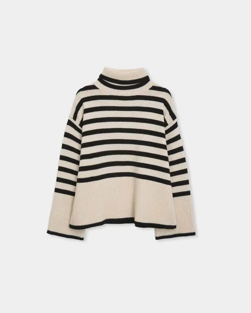 STRIPED WOOL CASHMERE TURTLENECK IVORY