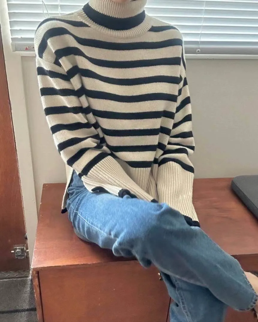 STRIPED WOOL CASHMERE TURTLENECK IVORY