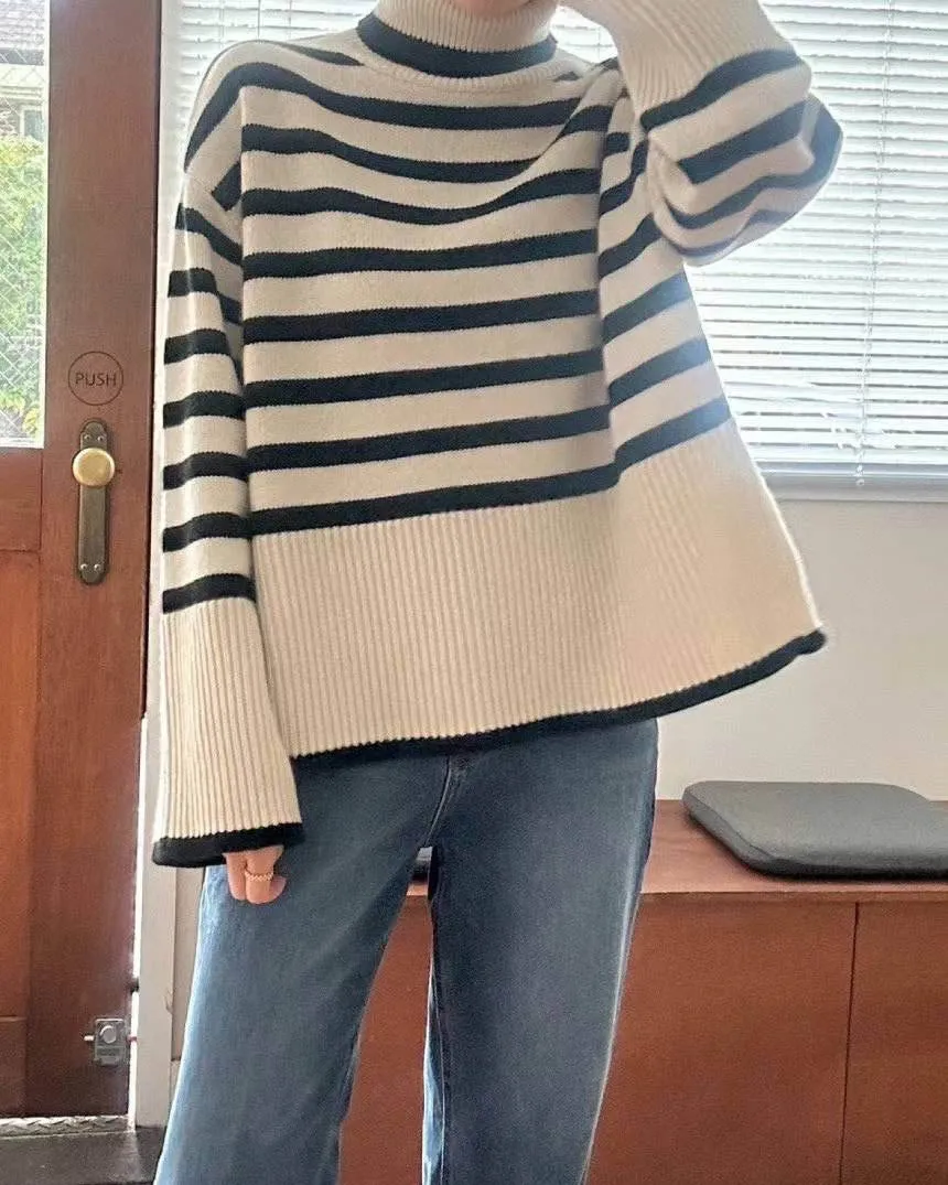 STRIPED WOOL CASHMERE TURTLENECK IVORY