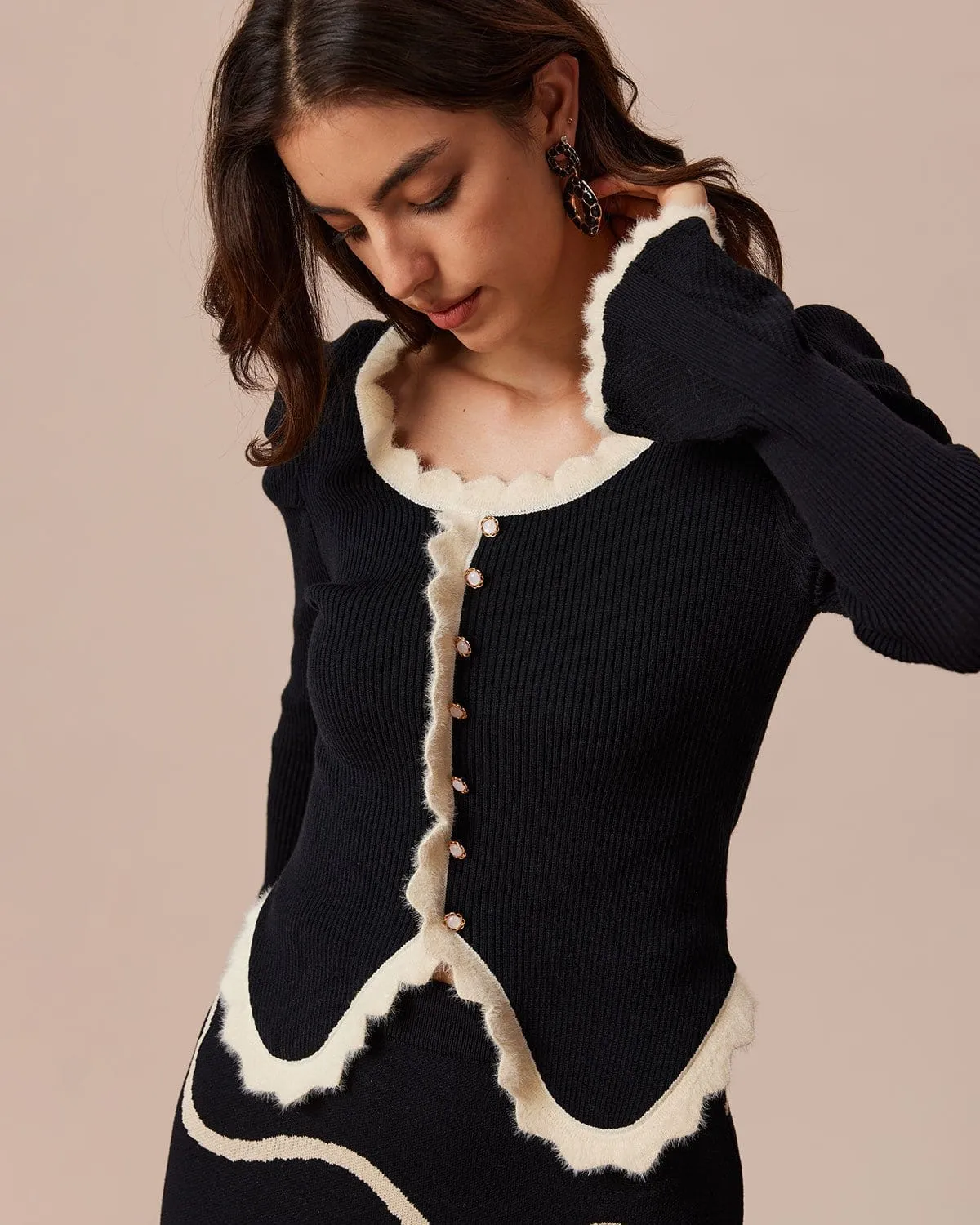 The Black Contrast Trim Gigot Sleeve Knit Top