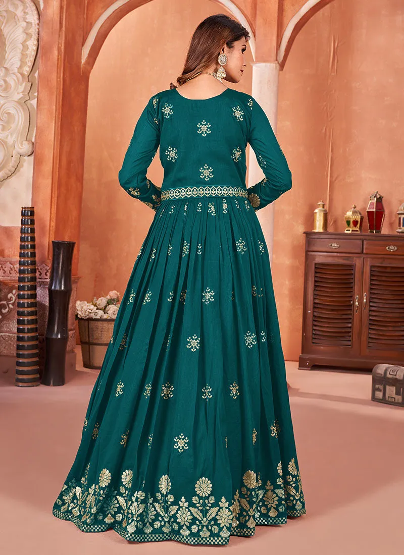 Turquoise Embroidery Silk Anarkali Suit