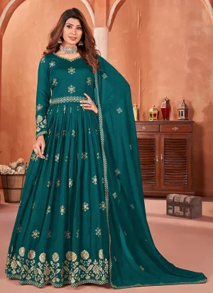 Turquoise Embroidery Silk Anarkali Suit