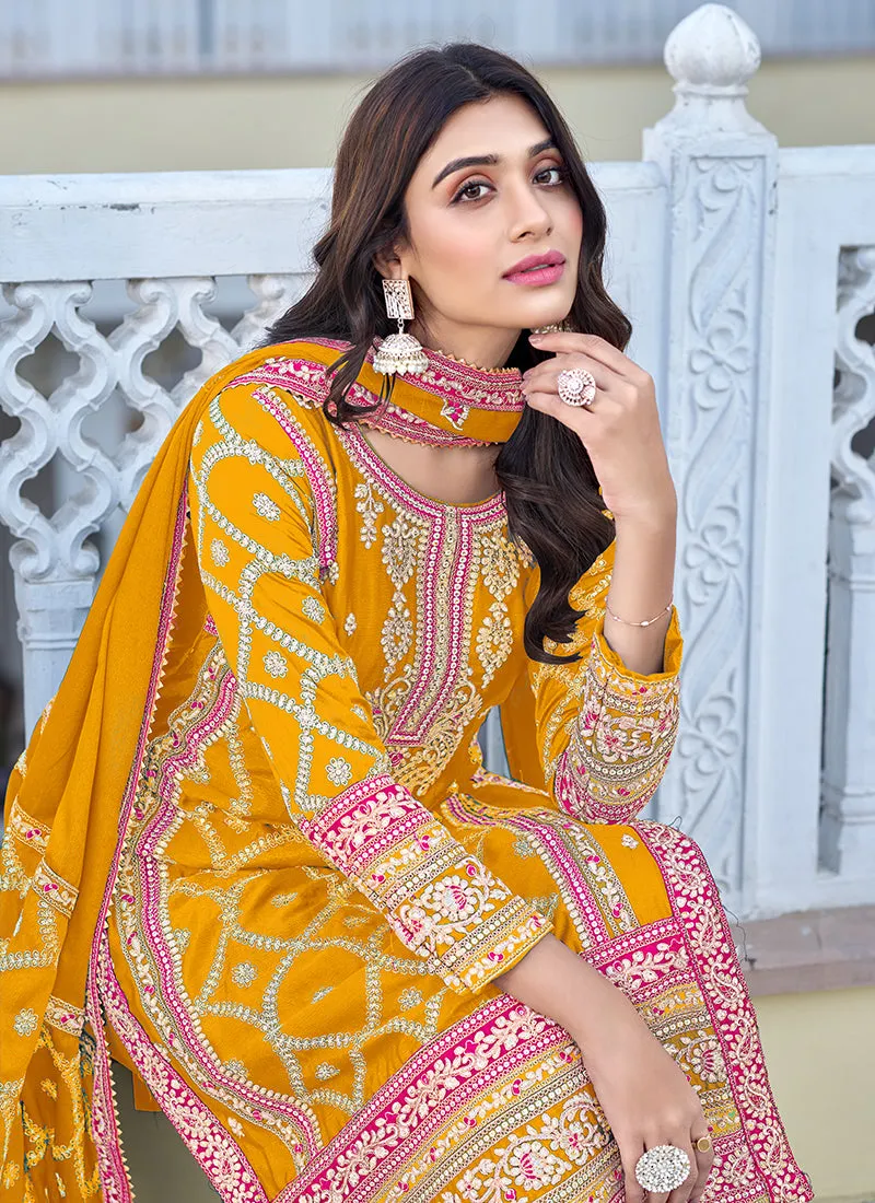 Yellow Multi Thread Embroidery Palazzo Style Suit