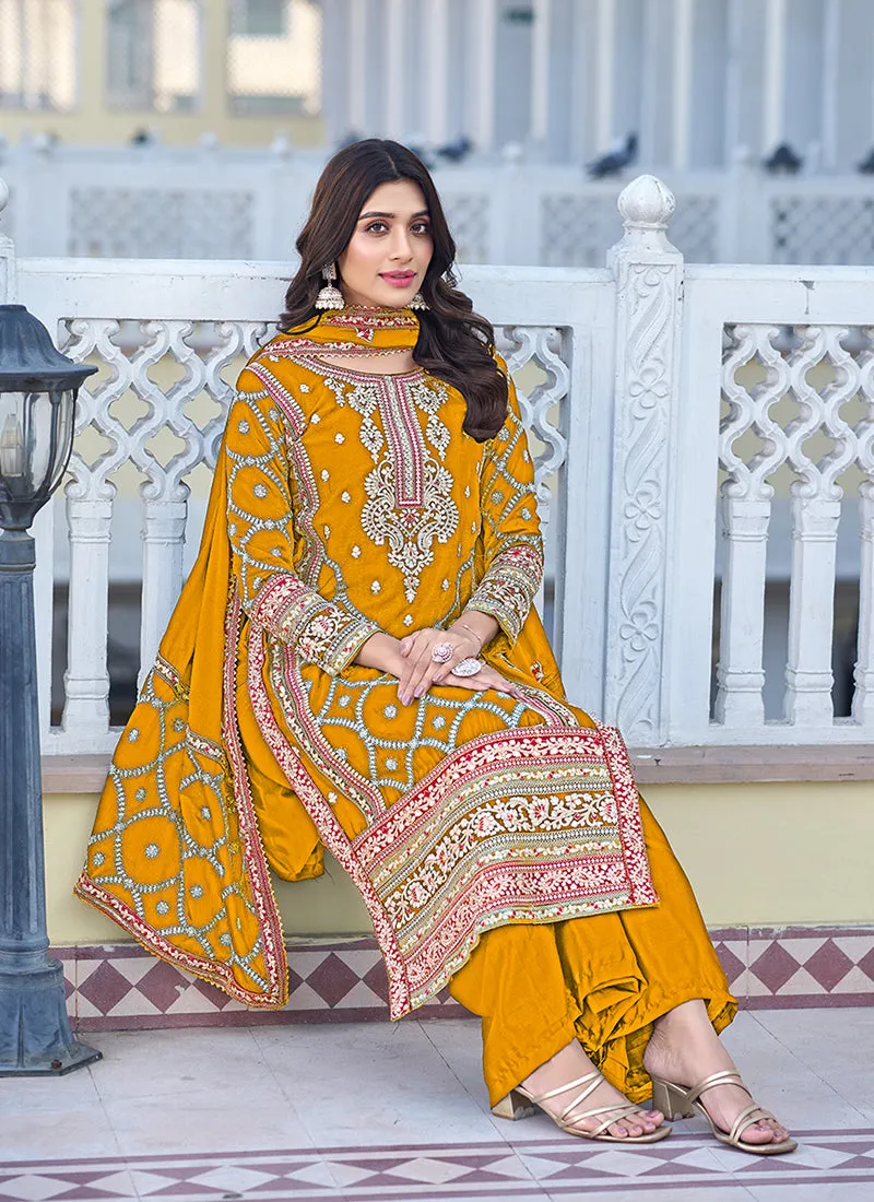 Yellow Multi Thread Embroidery Palazzo Style Suit