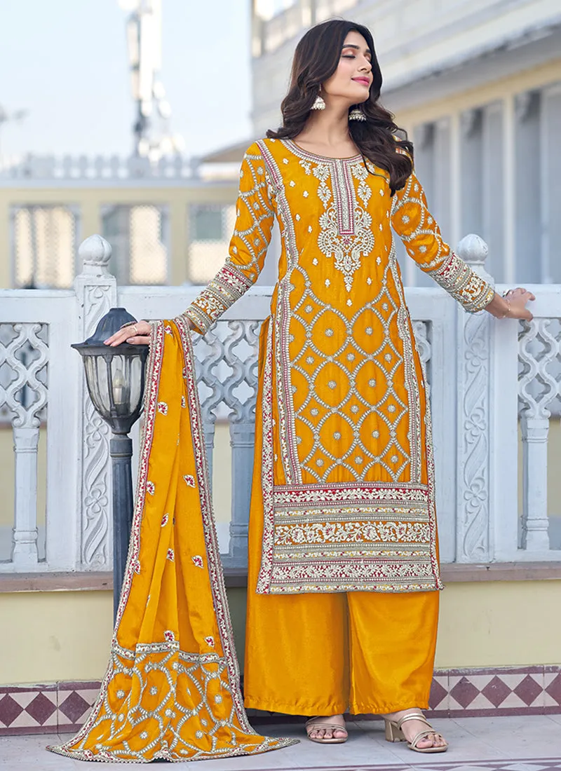 Yellow Multi Thread Embroidery Palazzo Style Suit